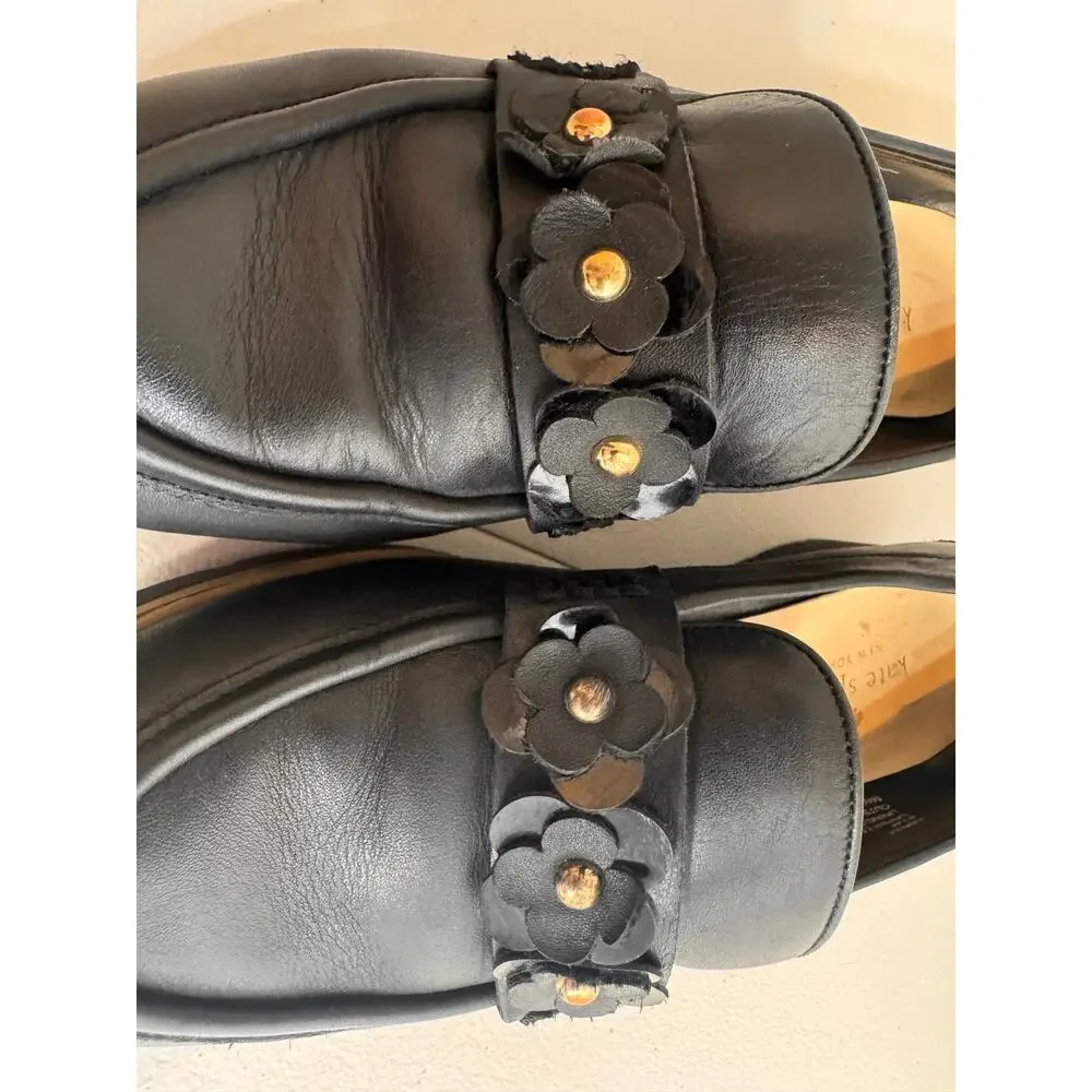 Kate Spade Karisa black leather chunky sole loafer flower & gold tone S 8.5